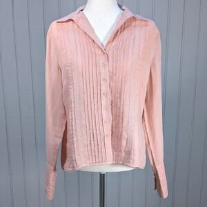 Pink Pleated Lace Front 100% Linen Long Sleeve Blouse Top Semi-Sheer Size 10